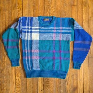Vintage 70's Thane Wool Multicolor Plaid Knit Crewneck Sweater